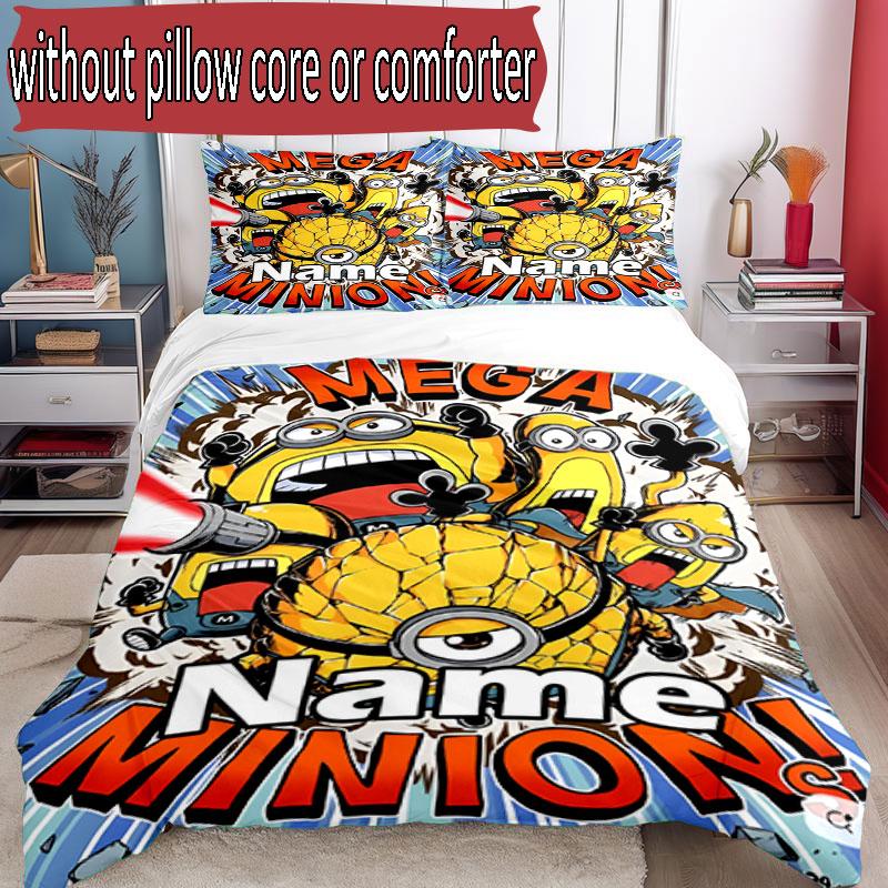 3pcs Duvet Cover Set (1*Duvet Cover + 2*Pillowcase, Without Core), Custom Name Minions Pattern Bedding Set, Home Bedroom Decor Gift
