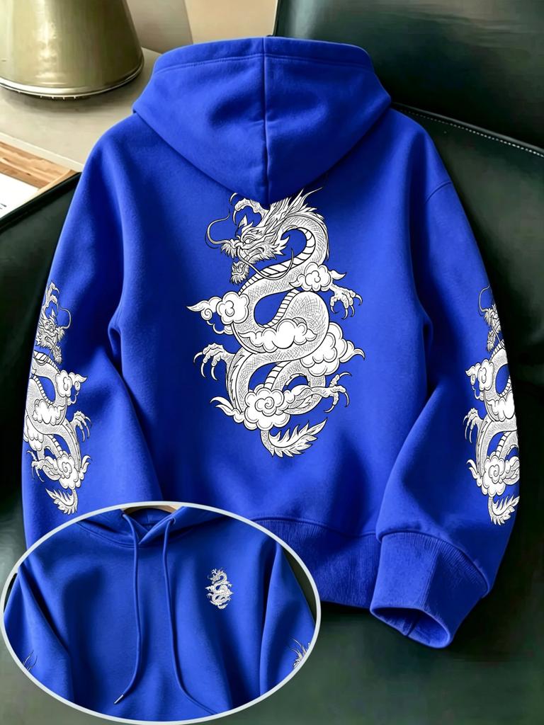 Men's Auspicious Cloud and White Dragon Ink Painting Print Hooded Sweatshirt, Retro Japanese Traditional Ukiyo-e Style Pullover