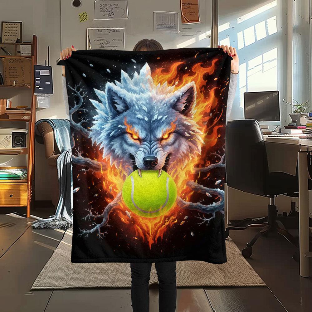 1Pc IceFireWolf Print Flannel Blanket, High Quality Comfortable for All Seasons, Home Decor, Warmth and Comfort, Perfect for Christmas Gifts