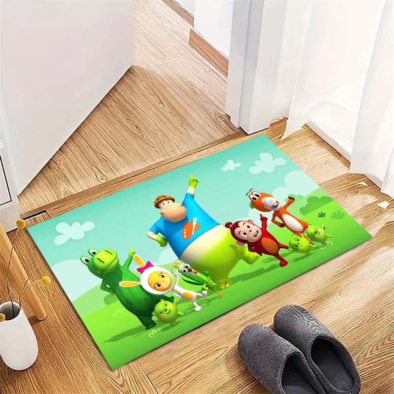 Cute Cartoon Animals Green Grass Sky Print Area Rug Non‑Slip Rectangular Floor Mat Home Decor