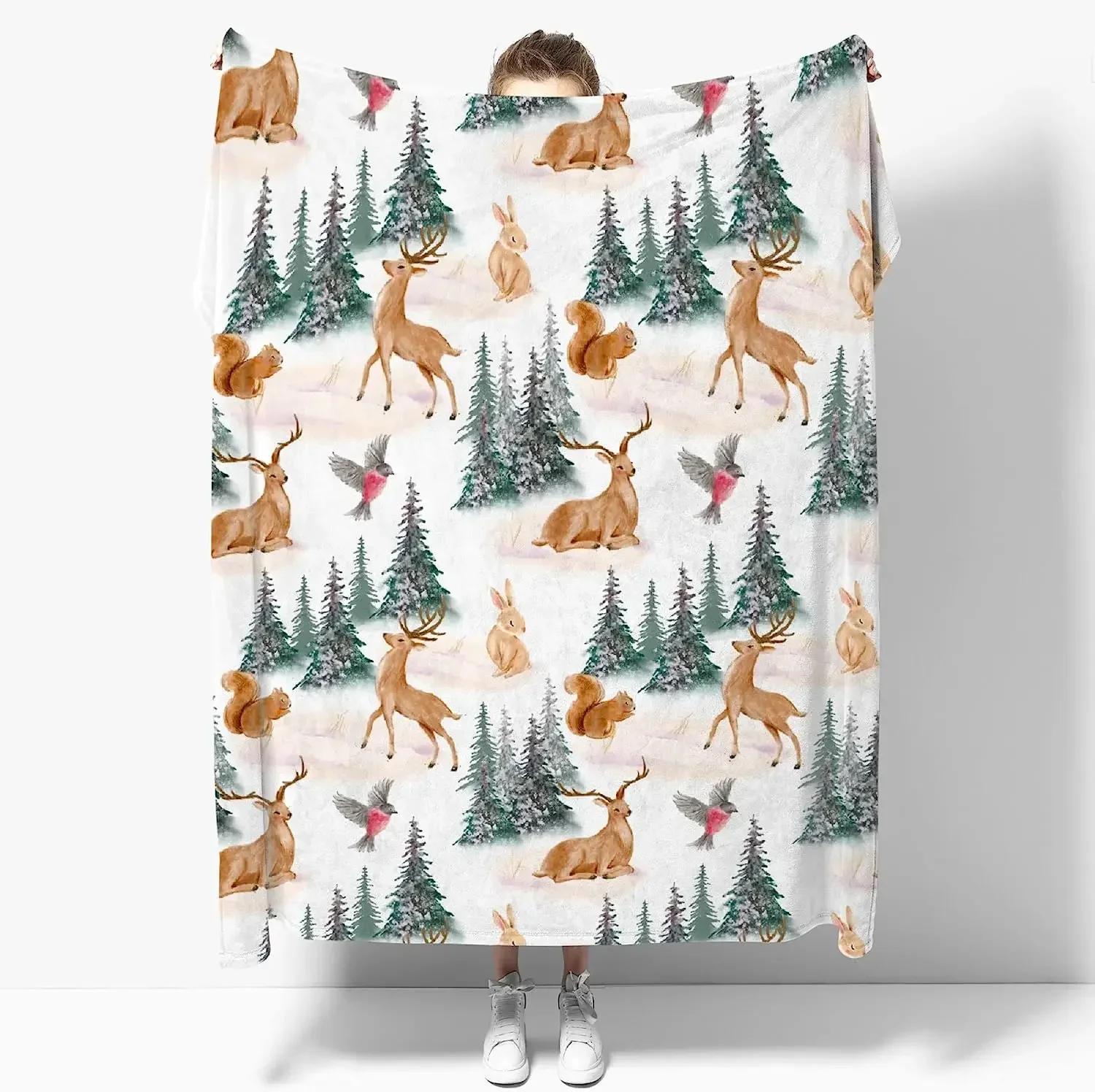 

Elk Christmas Tree Rabbit Squirrel Bird Blanket Print Soft Lightweight Warm Cozy Plush for Bedroom Bedding Couch Novelty 75x100cm (30x40inch)