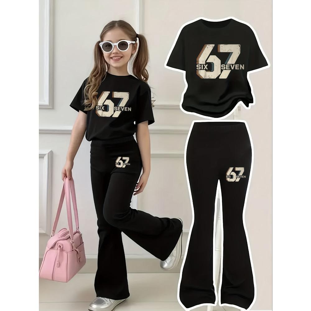 Ретро Комплект для Девочек: Футболка с Коротким Рукавом и Принтом Букв и Цифр  67  и Брюки-Клеш 160 чёрный