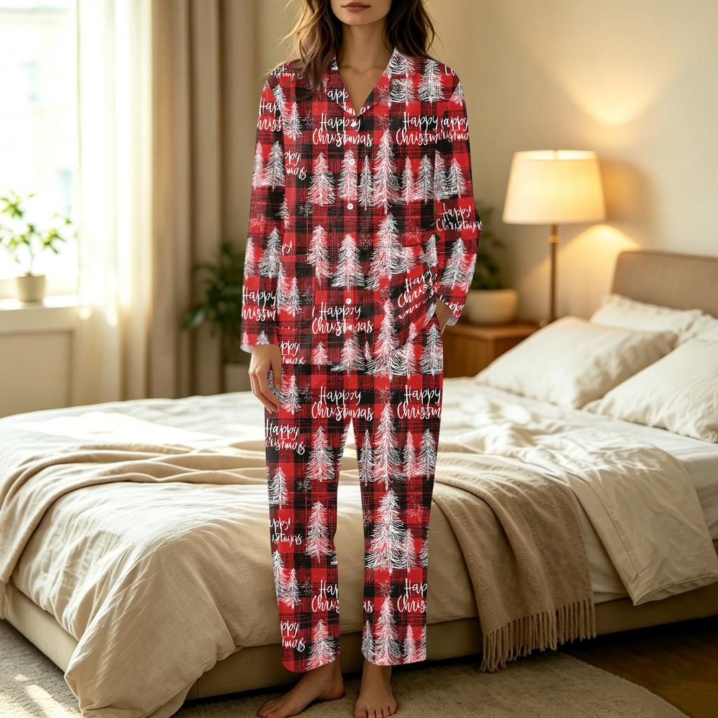Women's Christmas Print Set, Long Sleeve Top and Long Pants Casual Fashion