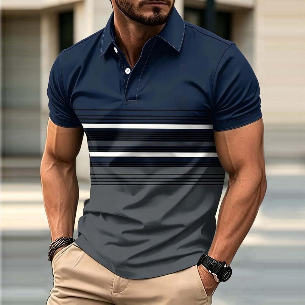 Men's Short Sleeve Polo Shirt Striped Design Button Collar Slim Fit Casual Wear Suitable for Daily and Outdoor Activities