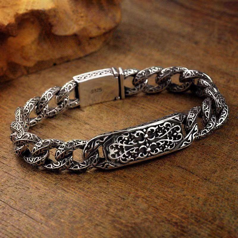 New Silver Color Men's Bracelet Auspicious Pattern Pin Type Retro Couple Men's and Women's Same Style Ring Buckle Bracele Jewelry