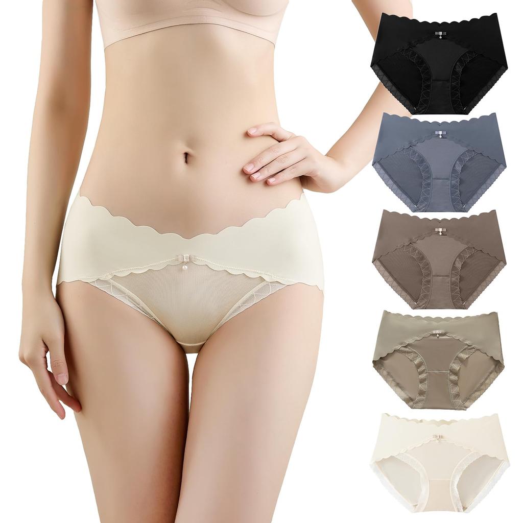 PHOLEEY Ice Silk Seamless Panties with Comfortable Low Rise Women's 5-Piece Panties, Lace, Breathable, Fit,