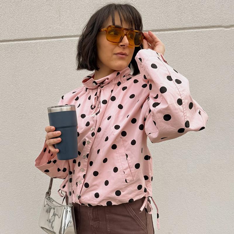 Women Polka Dot Jacket Vintage Stand Collar Cropped Jackets Zip Up Coat Casual Fashion Coat Fall Spring Jacket with Pockets