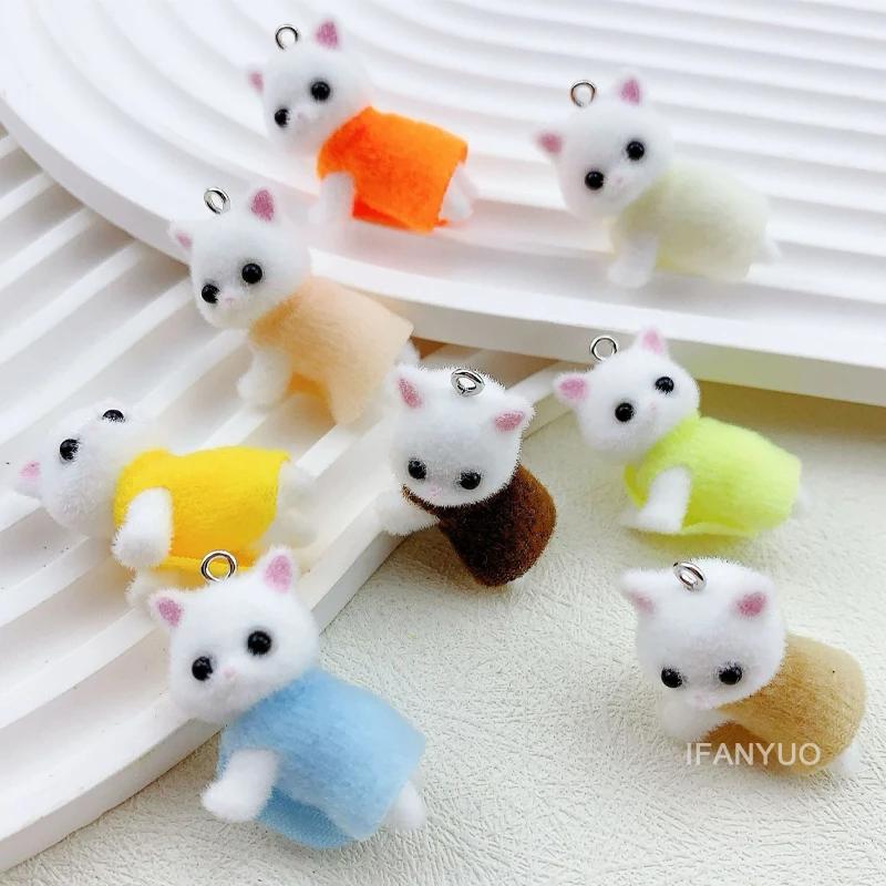 Dress Cat Pendant Cute 3D Hairy Flocking Animal Cat Charms Miniature Dolls Keychain Necklace Pendant DIY Crafts Jewelry Make