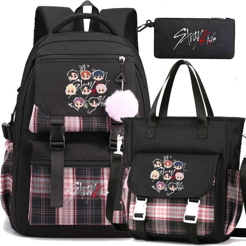 Stray Kids Kombinations-Peripherieartikel Gleiche Rückseite Rucksack Schüler-Schultasche Nachhilfe-Tasche Federmäppchen Dreiteiliges Set Männer und Frauen Three-piece set schwarz