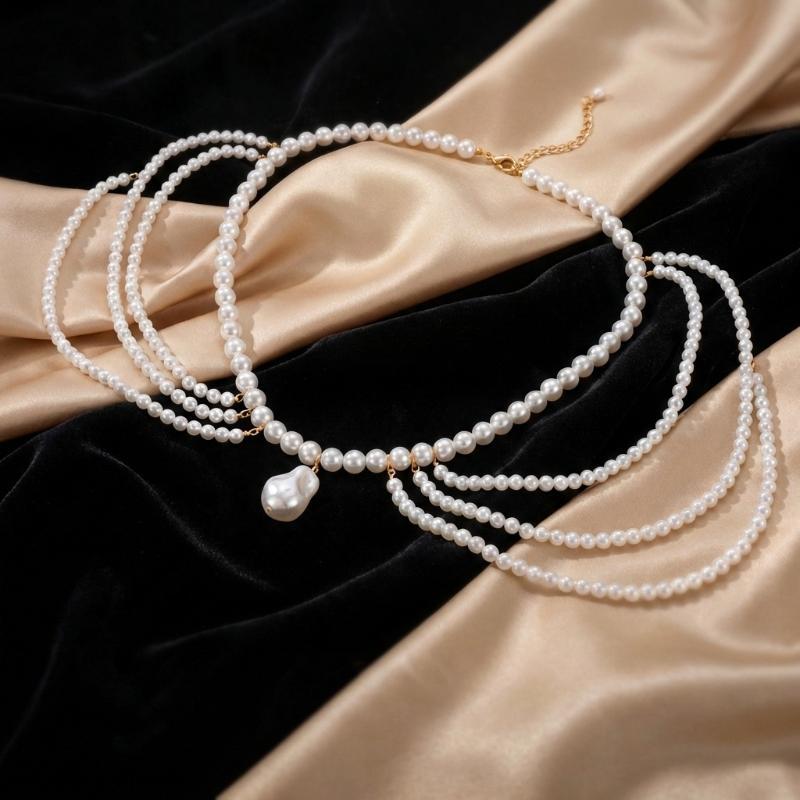 Boho Imitation Pearl Multi Layer Body Chain Beaded Shoulder Chain for Women Beach Vacation Daily Wear Jewelry