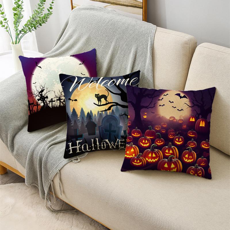 Ins Popular Purple Halloween Night Graveyard Pumpkins Linen Throw Pillowcase Decorative Cushion Cover For Sofa Living Room Party
