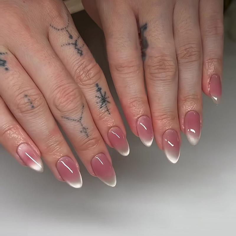 Rose Red Cat Eye Almond Press On Nails 24Pcs Glossy Stick On False Nails Simple DIY Manicure Patches For Women