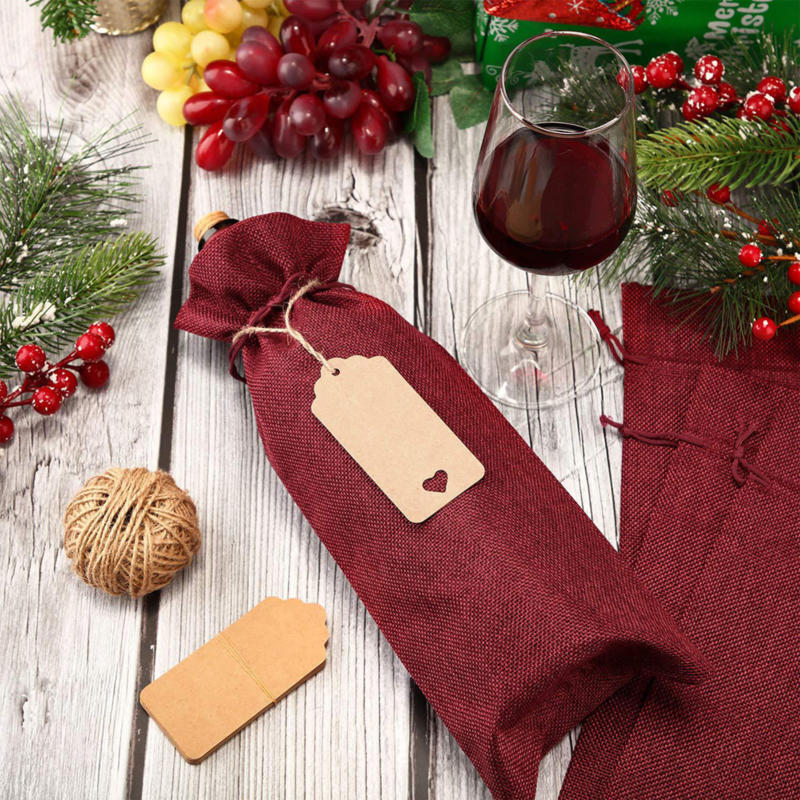 10 Pieces Burlap Wine Bags Jute Wine Bottle Bags with Drawstrings Reusable Gift Bags with Tags for Party Blind Tasting Birthday