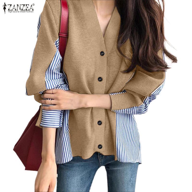 ZANZEA Women Casual V-Neck Long Sleeve Patchwork Blouse