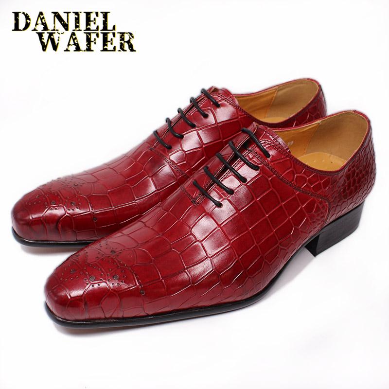 Mode Herren Luxusmarken Schuhe Echtes Leder Schwarz Rot Krokodilmuster Schnürschuhe Spitzzehe Büro Hochzeit Formelles Kleid Oxford Herrenschuhe