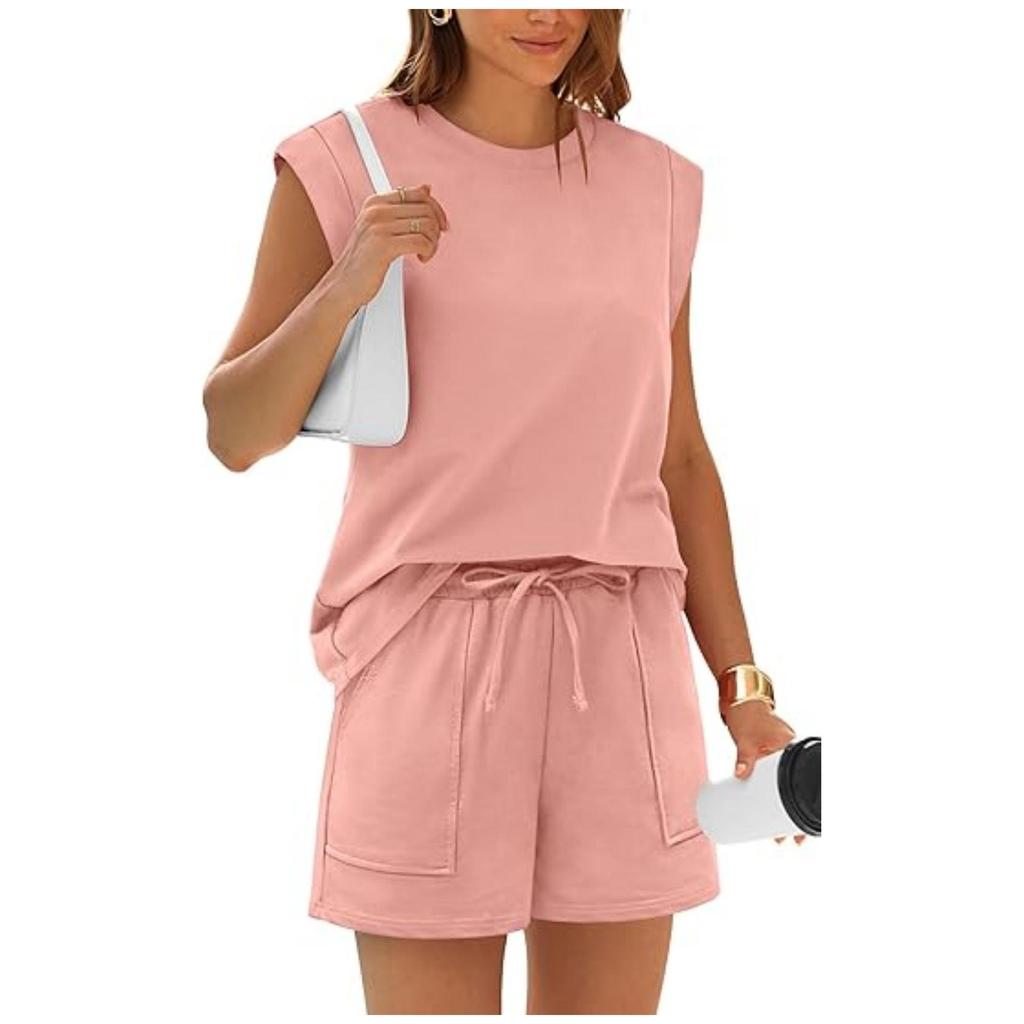 Women's 2026 Summer Solid Color Two-Piece Set: Round Neck Top & Pocket Shorts
