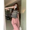 Niche unique striped crew neck short-sleeved T-shirt new Spice Girl sexy pure desire foreign style fashion top ins