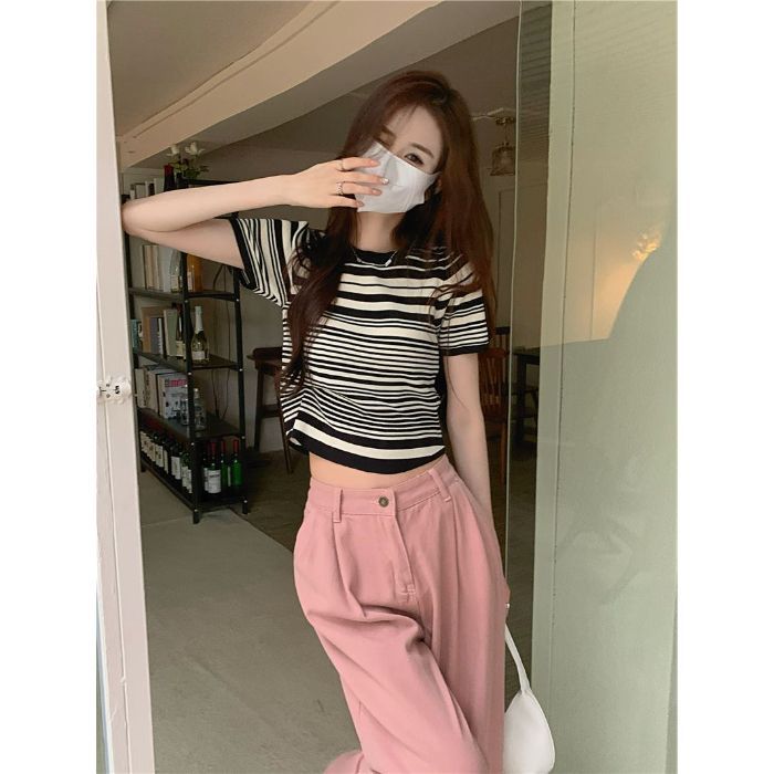 Niche unique striped crew neck short-sleeved T-shirt new Spice Girl sexy pure desire foreign style fashion top ins