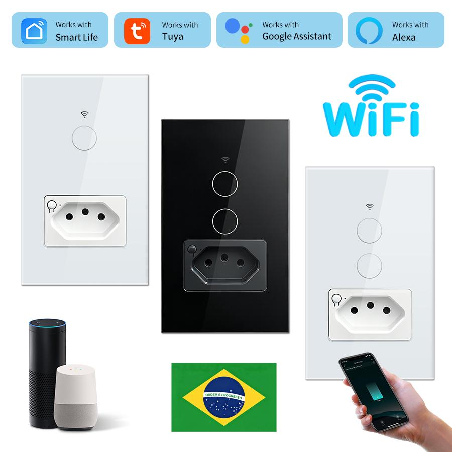 Tuya WiFi Smart Light Switch with Socket Brazil Standard Wall Touch Switches 10A Smart Plug Outlet Work With Alexa Google Home
