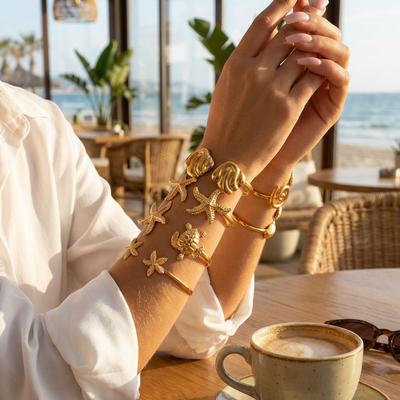 Women's Dainty Spiral Stainless Steel Cuff Bracelets Multilayer Shell Starfish Open Bangle Summer Beach Jewelry Gift