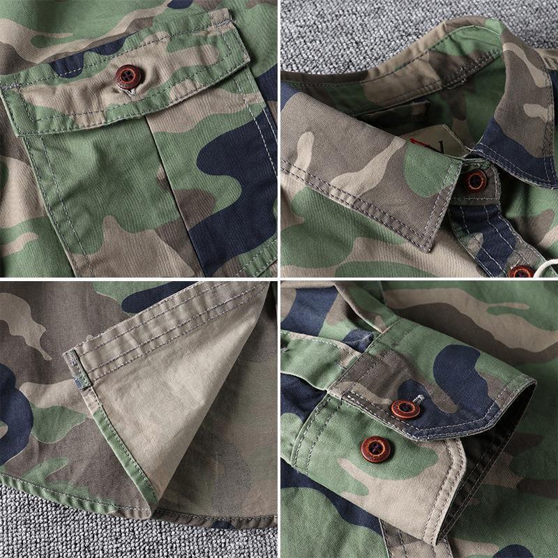 Men Washed Camouflage Long Sleeve Shirt Casual Military Utility Workwear Tops Young Men Fashion Streetwear Breathable Daily Wear Outdoor Shirt