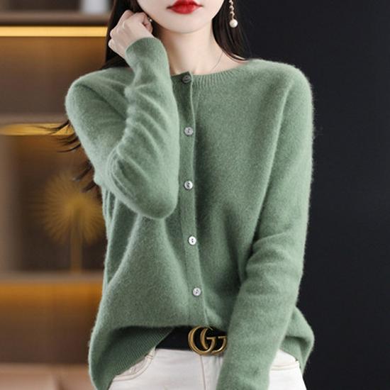 Women's Seamless Round Neck 100% Pure Wool Cardigan for Spring & Autumn