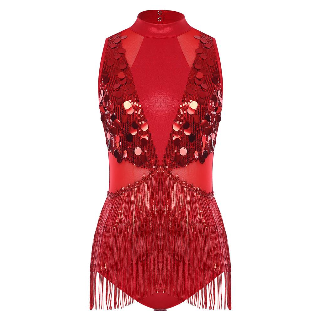 Womens Latin Dance Leotard Sequin Tassel Design Sleeveless Back Cutout Metallic Shiny Patchwork Bodysuit