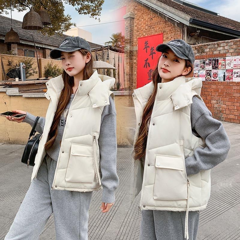 Single cotton vest, large size hooded down cotton vest women's autumn and winter loose cotton vest short cotton vest