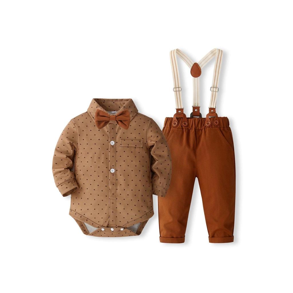 Baby Boy Gentleman Polka Dot Bodysuit & Overalls Set with Bow Tie - Long Sleeve, Two-Piece, Spring/Autumn Formal Wear