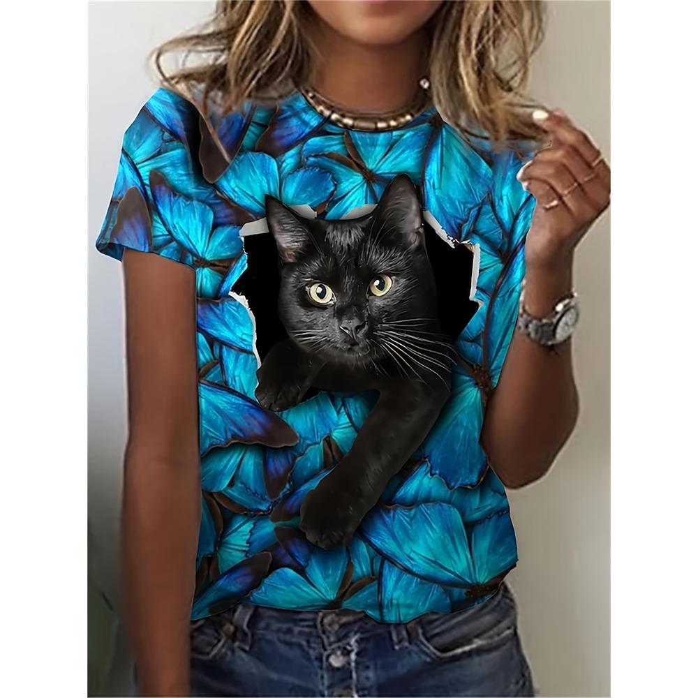 Summer Casual Women's T Shirt Cartoon Cute Cat Printed O Neck Short Sleeve Women's Outdoor Loose TShirt Tops Elegant Clothing