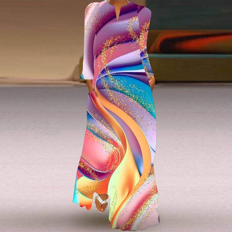 Long Sleeve Dress Classical Beauty Pattern Print Dress Stage Show Performance Wear Travel Photography Clothes