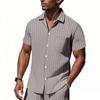 Linen Jacquard Shirt with Vertical Stripes Men's Collared Button-Down Loose-Fitting, Breathable Casual Short-Sleeved Shirt