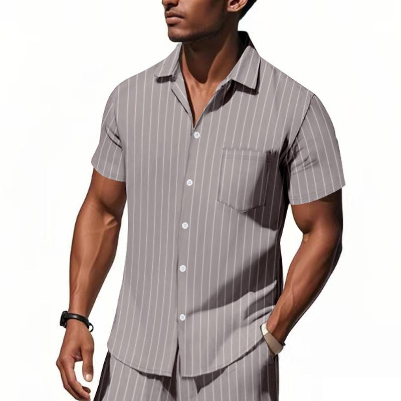 Linen Jacquard Shirt with Vertical Stripes Men's Collared Button-Down Loose-Fitting, Breathable Casual Short-Sleeved Shirt