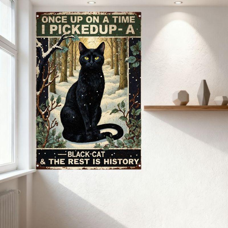 Vintage Black Cat in Snowy Forest Metal Tin Sign 'Once Upon a Time...' Whimsical Fairy Tale Wall Decor for Bar Pub Home Cafe, 8x