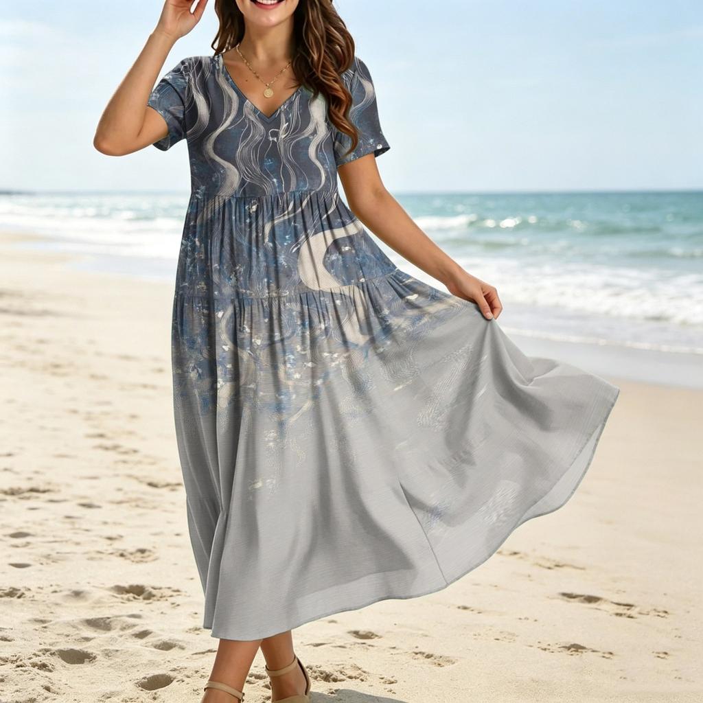 Damen Lässiges Bohème-Stil Lockere Passform Blumenprint Kurzarm V-Ausschnitt Maxikleid für den Alltag