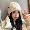 Hat Female Alphabet Leather Label Knitted Wool Hat Winter Warm Student Pullover Hat Thick