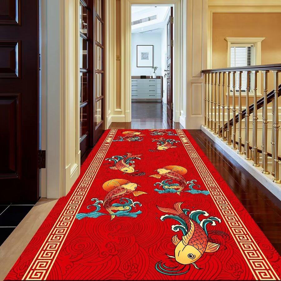 Washable Chinese Red Corridor Carpet Long Hallway Rug Antiskid Living Room Kitchen Aisle Runner Carpet Hotel Home Decoration Mat