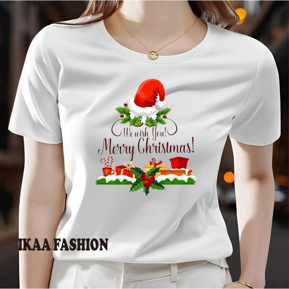 Ladies' Christmas Element Pattern Printed T-shirt - Short Sleeve Round Neck Casual Top