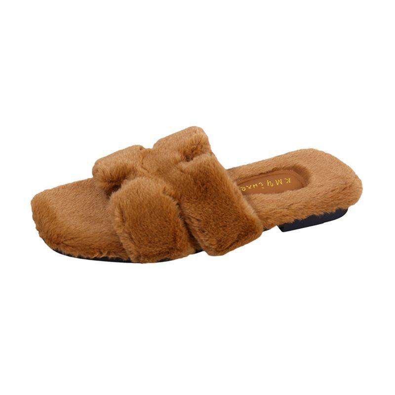 Lazy Fluffy Slippers Women's 2025 Plush New Cotton Slippers Flat Bottom Outer Wear Winter Word Small Fragrance