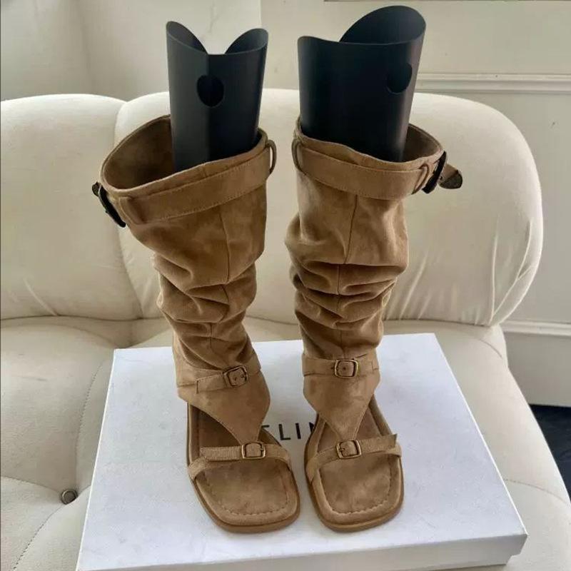 

Модные ботильоны с квадратным носком и открытым носком из эластичного флиса, летняя новинка 25 лет, с ремешком-пряжкой, комбинированные, с рукавом, на низком каблуке, высокие ботинки для женщин 40 абрикосовый