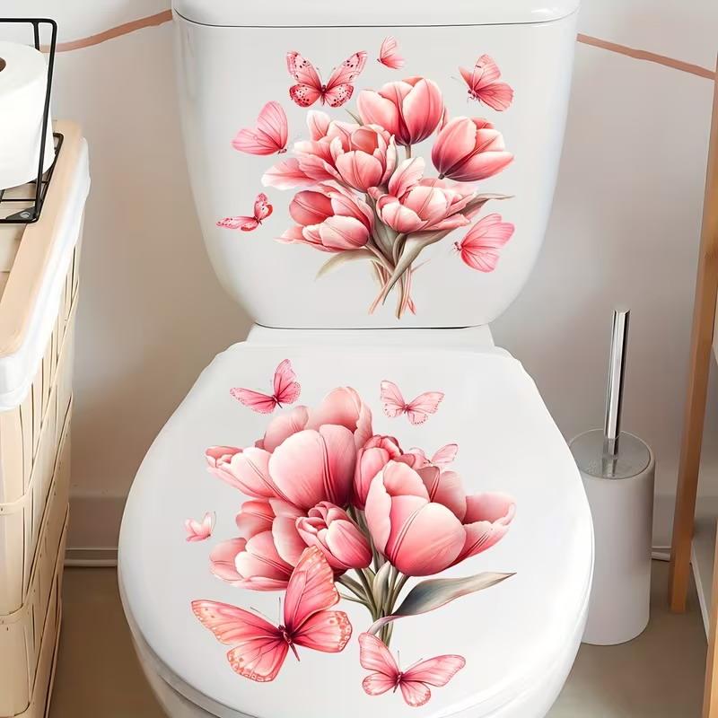 Floral Toilet Lid Sticker Waterproof DIY Friendly Peel and Stick Decal for Bathroom Wall Restroom Home Decoration