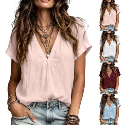 Women's V-Neck Short Sleeve T-Shirt Loose Fit Color Casual Blouse - Stylish Summer Top for Work, Weekend, and Everyday