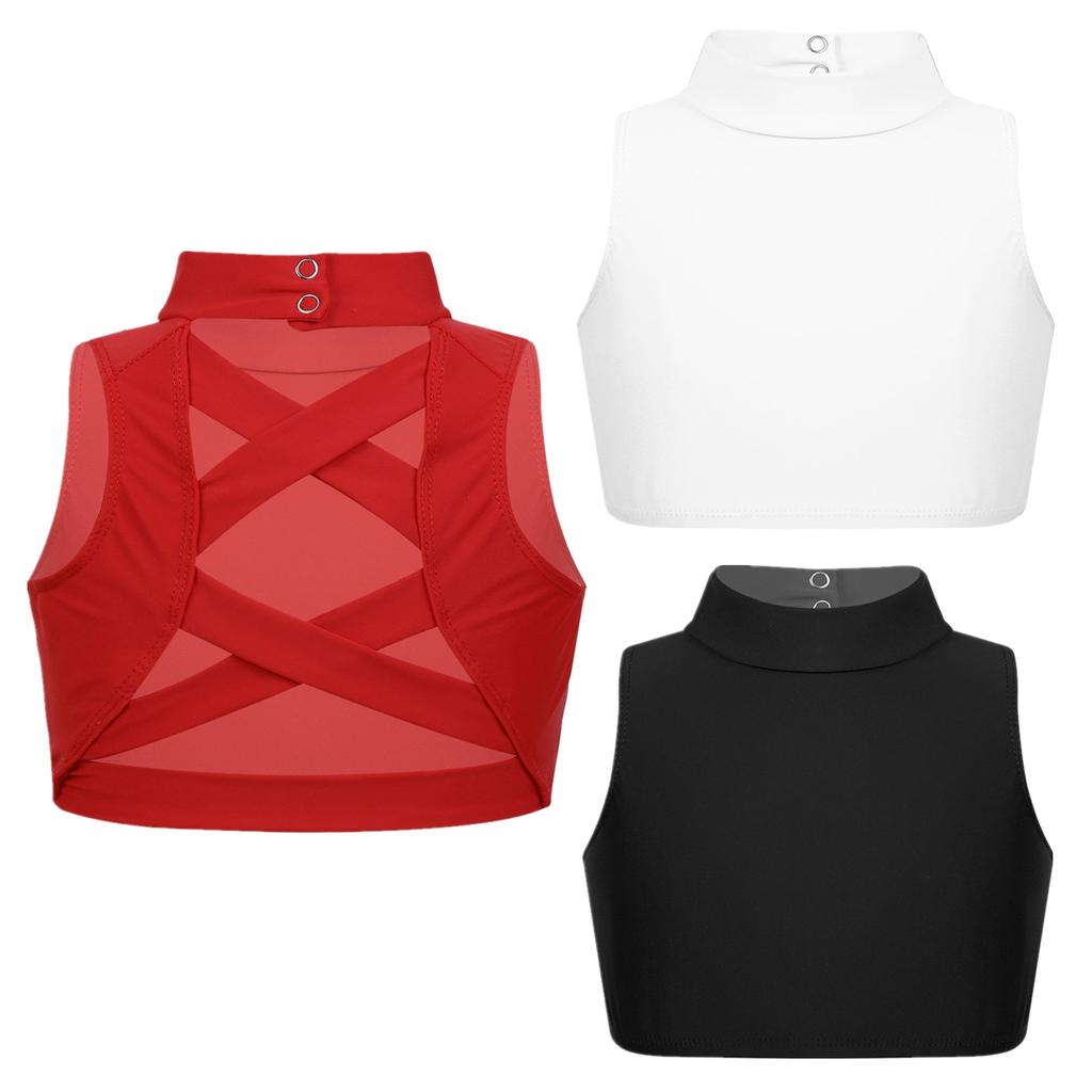 Dětská dívčí sportovní podprsenka bez rukávů s falešným límečkem, se špagetovými ramínky a křížením na zádech, crop top, dívčí tílko