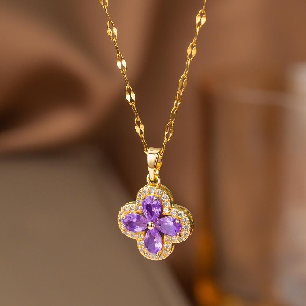 Ladies' high-end purple diamond clover necklace exquisite collarbone chain