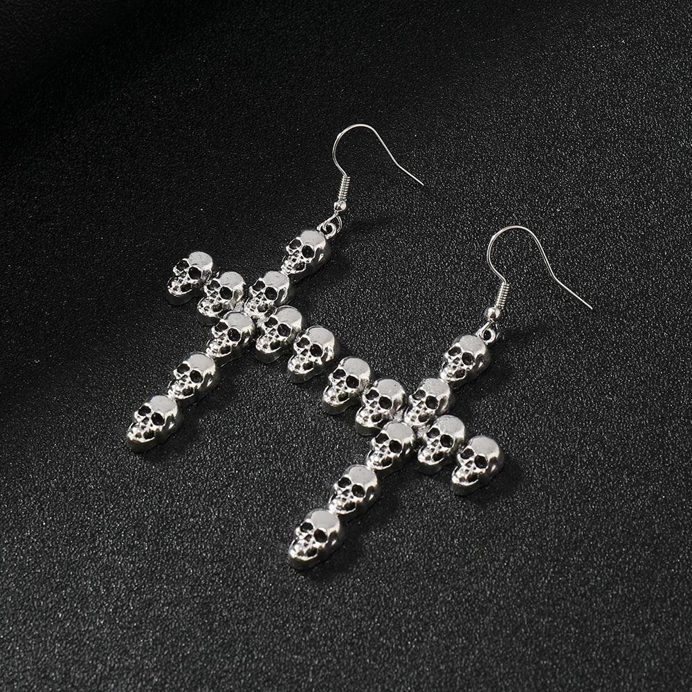 Halloween Jewelry Fashion Punk Vintage Alloy Skull Head Cross Earrings For Women