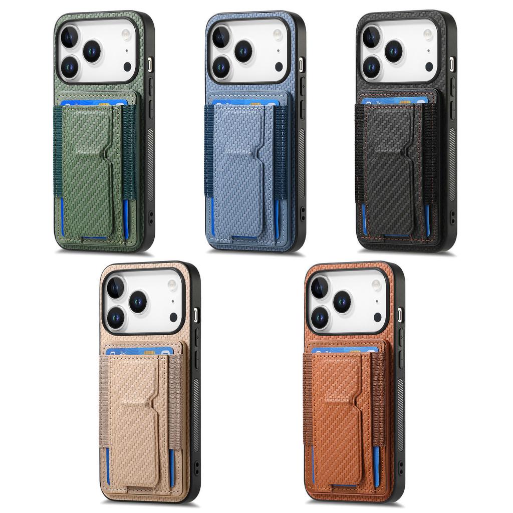 Carbon Fiber Pattern Vertical Card Solt Holder Wallet Leather Case For iPhone 17 Pro Max 16 Plus 15 Plus 14 13 12 11 Stand Cover