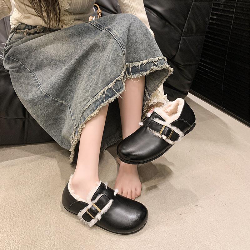 Fashion Women's Fashion Flat Shoes Winter New Round Head Deep Mouth Leather Soft Sole Anti-slip Wear-resistant Low Top Shoes