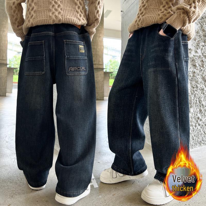 Boys' Fleece-Lined Casual Jeans - Autumn/Winter 2025 Trendy Style for Middle and Big Kids