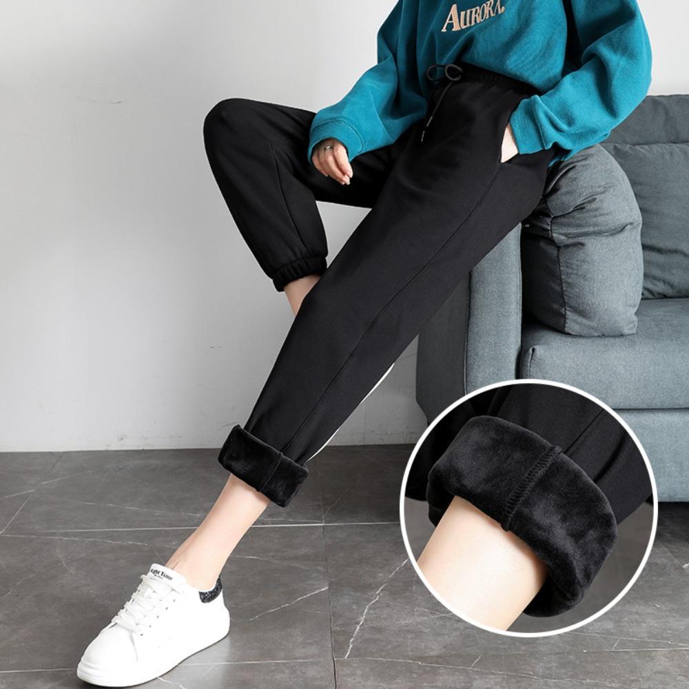 Women's Mid Rise Drawstring Waist Joggers Loose Fit Sweatpants Thick Solid Casual Winter Trousers