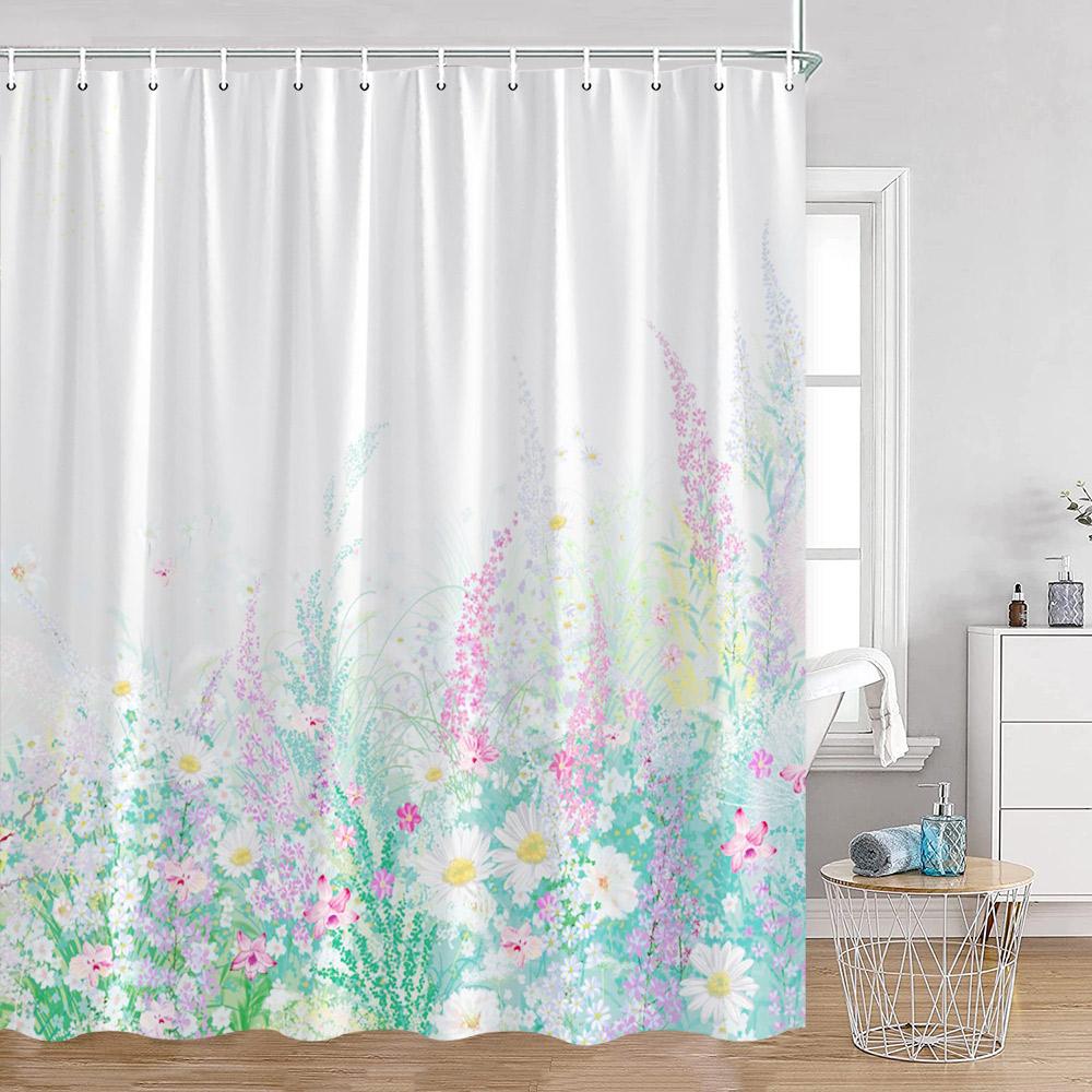 Watercolor Flowers Butterfly Shower Curtains Green Leaves Plants Colorful Floral Bathroom Decorations Polyester Fabric Bath Curt